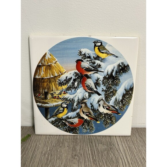 Vintage 1990 Wall Tile Trivet Winter Birds Christmas Artist Erik Forsman - Picture 1 of 6